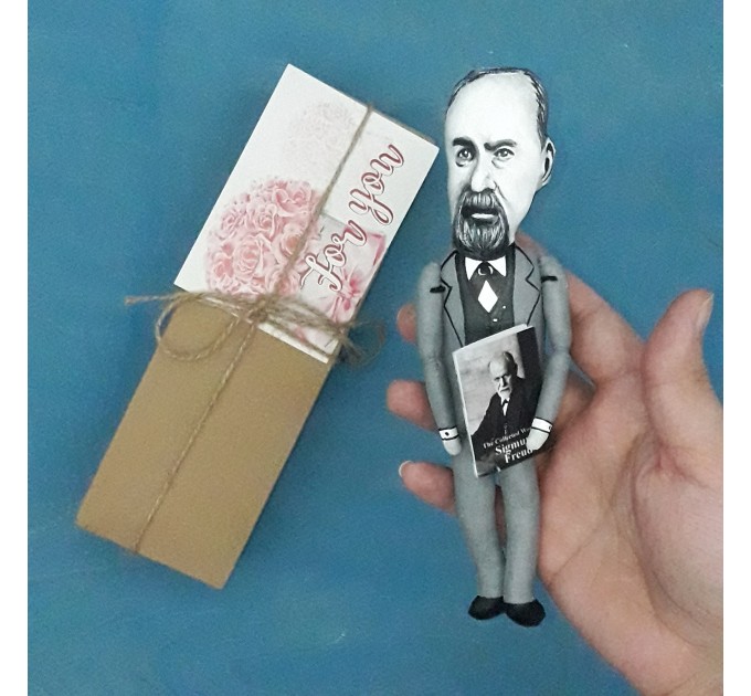 Sigmund Freud figurine,  physical therapy art - Collectible doll + miniature books