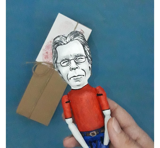 Stephen King figure, Gifts for Readers - doll hand painted + miniature book