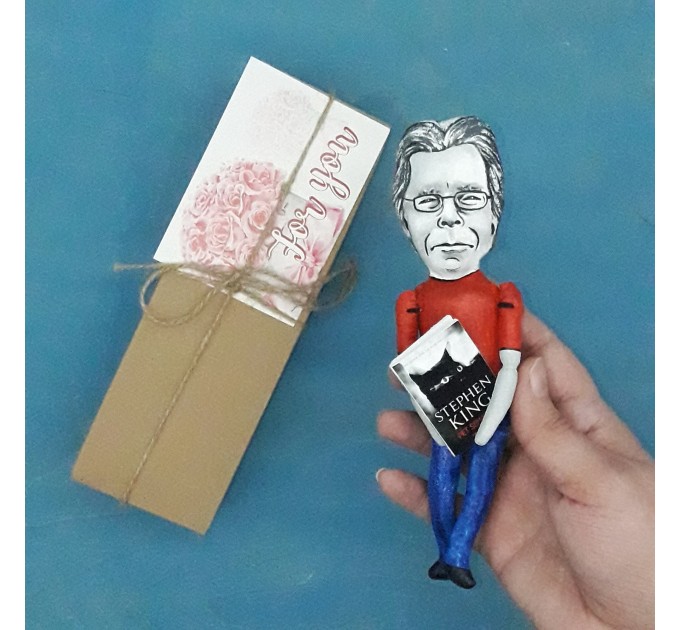 Stephen King figure, Gifts for Readers - doll hand painted + miniature book