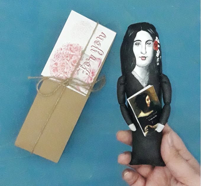 George Sand figurine, author Romantic Era - Bookworm gift - doll hand painted + Miniature Book