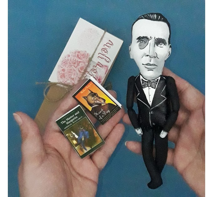 Mikhail Bulgakov Russian writer, author novel The Master and Margarita - Bookshelf decor - Literary Gift for Reader - Collectible doll + miniature book