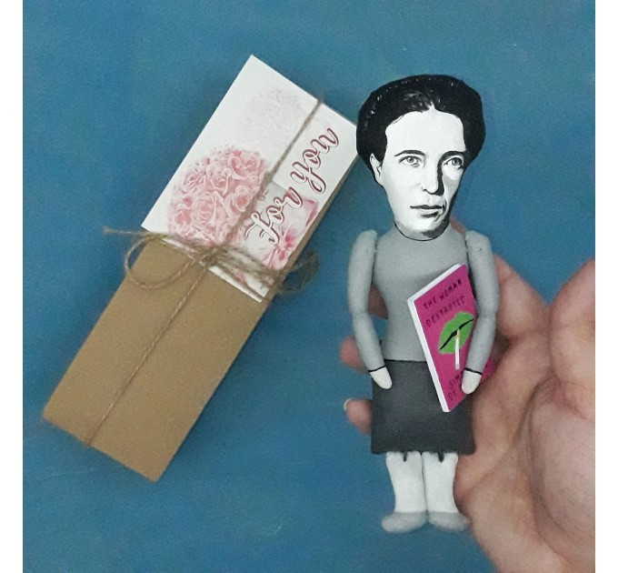 Simone de Beauvoir figurine, French writer, philosopher - Literary gift for readers - Book club gift - doll hand painted + Miniature Book