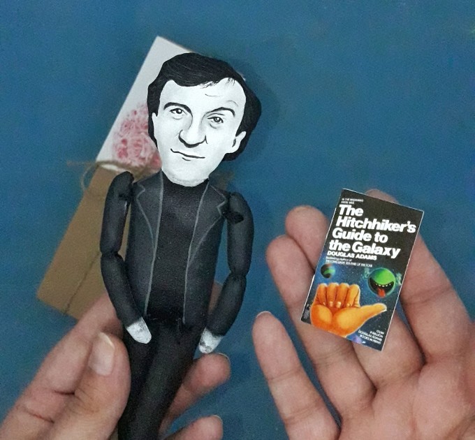 Douglas Adams action figure - screenwriter, essayist, humorist, satirist - library figurine + Miniature Book