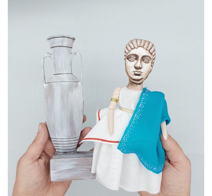 Figurine of Aspasia of Miletus - teacher of ancient philosophy, feminist - Ancient History Art - Collectible doll + wooden column