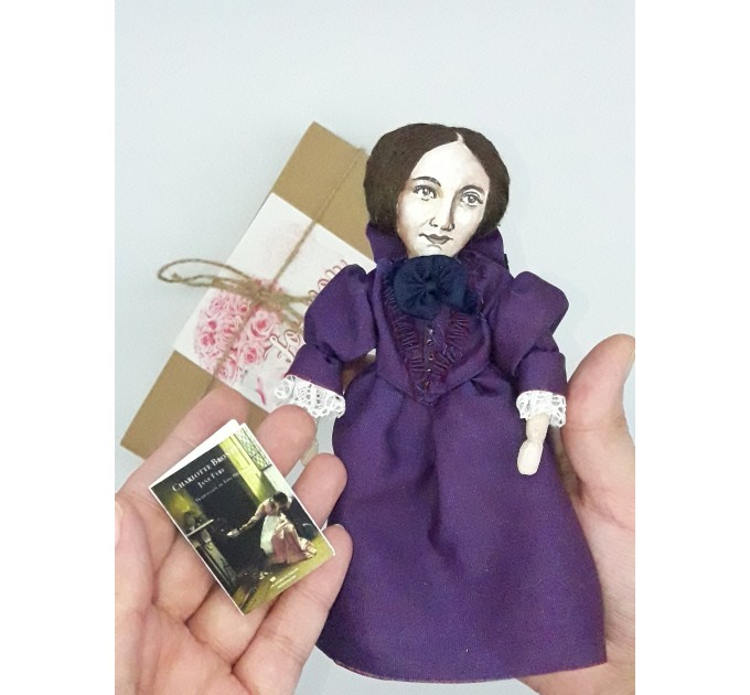 Charlotte Bronte doll, novelist, poet, women writer, author Jane Eyre - Book lover gift - Collectible doll hand painted + Miniature Book