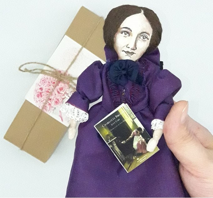 Charlotte Bronte doll, novelist, poet, women writer, author Jane Eyre - Book lover gift - Collectible doll hand painted + Miniature Book