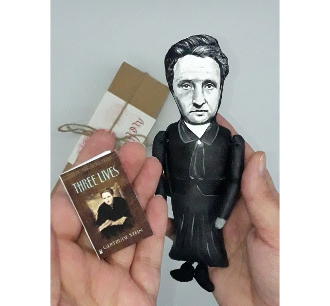 Gertrude Stein literary action figure 1:12, American novelist, poet, playwright, art collector, Feminist - Literary Gift for Readers, Writers, a unique collection for smart people - collectible handmade doll + Miniature Book