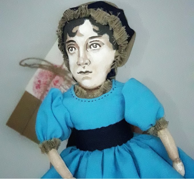 Jane Austen doll, novelist Pride and Prejudice - Bookworm gift - Collectible doll hand painted + Miniature Book