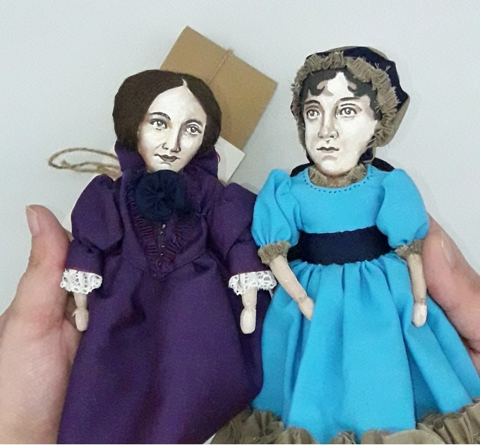 Jane Austen doll, novelist Pride and Prejudice - Bookworm gift - Collectible doll hand painted + Miniature Book