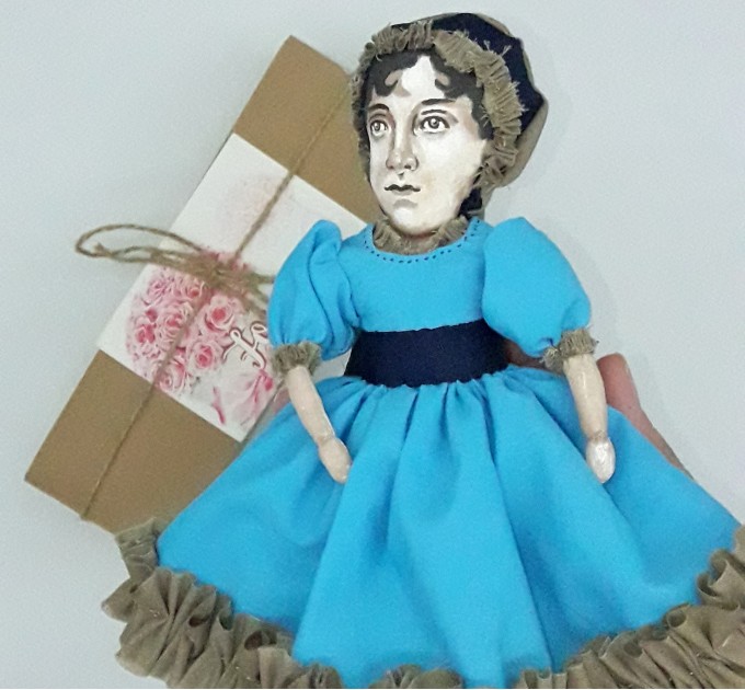 Jane Austen doll, novelist Pride and Prejudice - Bookworm gift - Collectible doll hand painted + Miniature Book