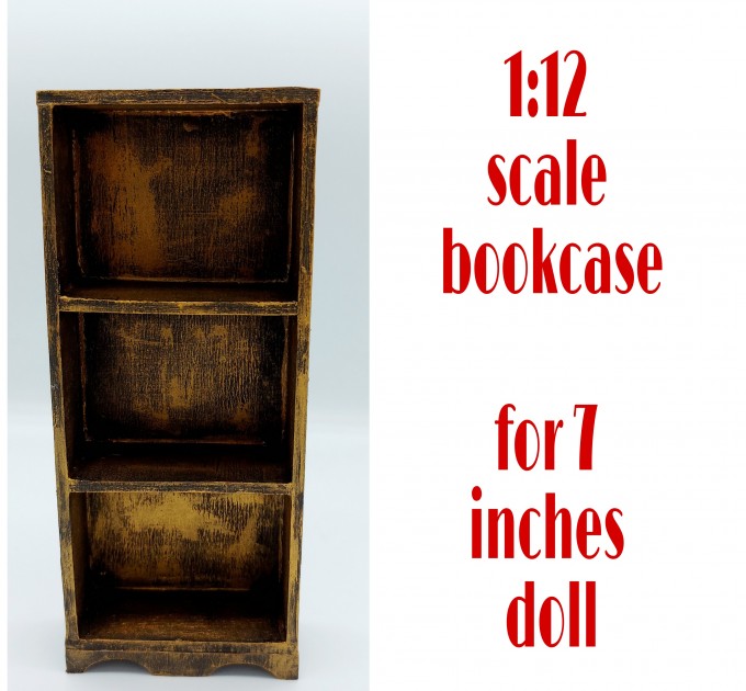 Miniature Wooden Bookcase 1:12 scale furniture for 7 inches dolls, Library decoration for dollhouse