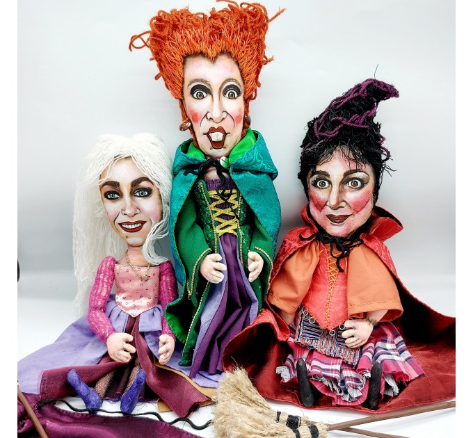 Sanderson Sisters + magick book - SET 3 handmade witches dolls - Collectible Halloween decorations