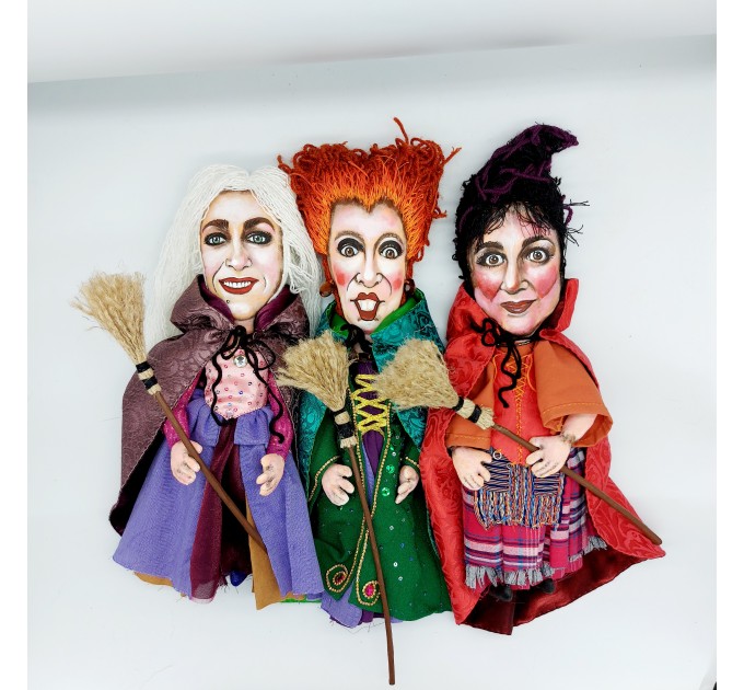 Sanderson Sisters + magick book - SET 3 handmade witches dolls - Collectible Halloween decorations