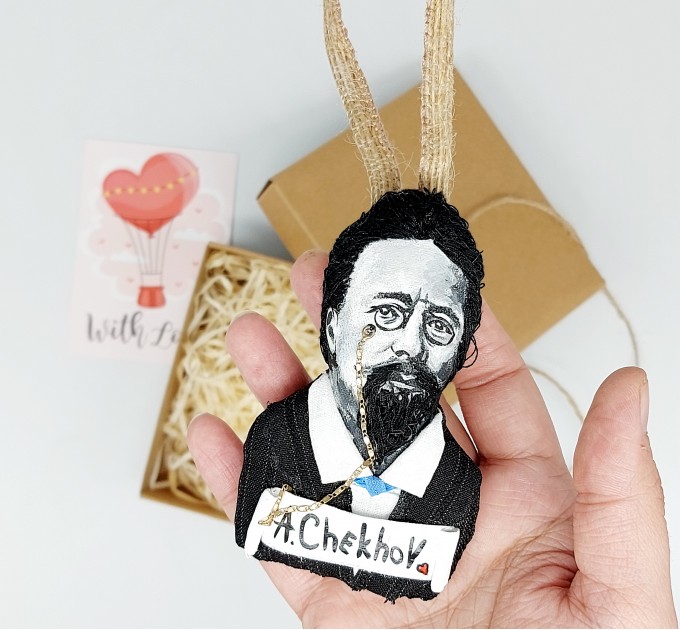 Anton Chekhov book bag accessories, bag charm with Hand Embroidery, literature jewelry - book lover present, writer gift - Reader Ornament