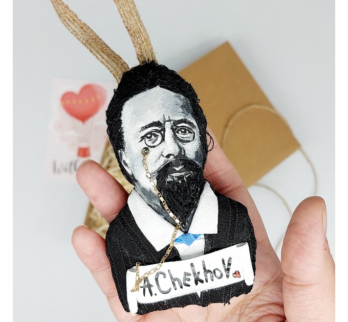 Anton Chekhov book bag accessories, bag charm with Hand Embroidery, literature jewelry - book lover present, writer gift - Reader Ornament