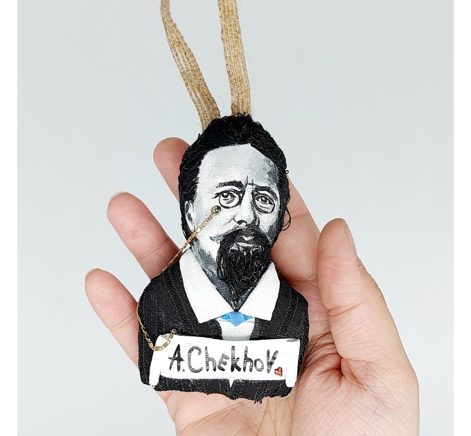 Anton Chekhov book bag accessories, bag charm with Hand Embroidery, literature jewelry - book lover present, writer gift - Reader Ornament