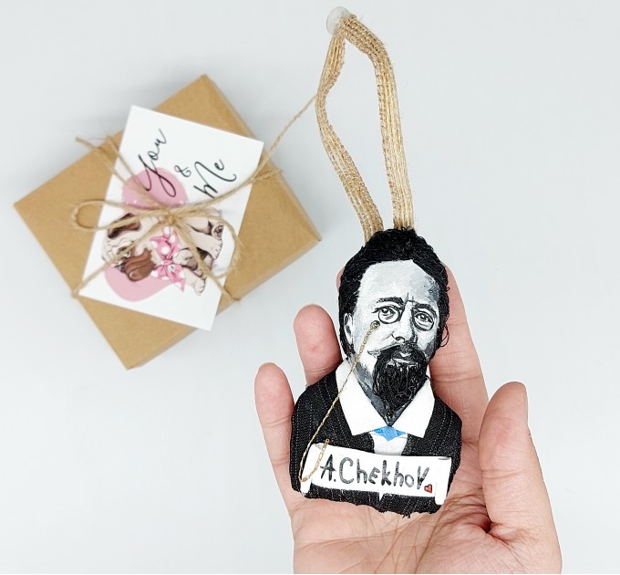 Anton Chekhov book bag accessories, bag charm with Hand Embroidery, literature jewelry - book lover present, writer gift - Reader Ornament