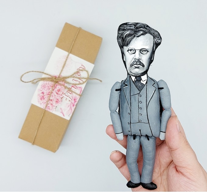 G. K. Chesterton action figure 1:12, English writer, philosopher, lay theologian - Literary Gift for Readers & Writers - collectible miniature doll + Book