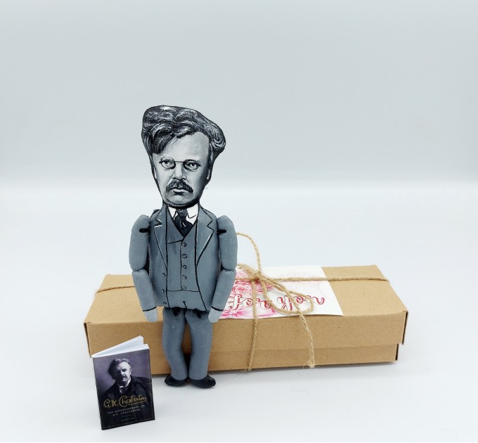 G. K. Chesterton action figure 1:12, English writer, philosopher, lay theologian - Literary Gift for Readers & Writers - collectible miniature doll + Book