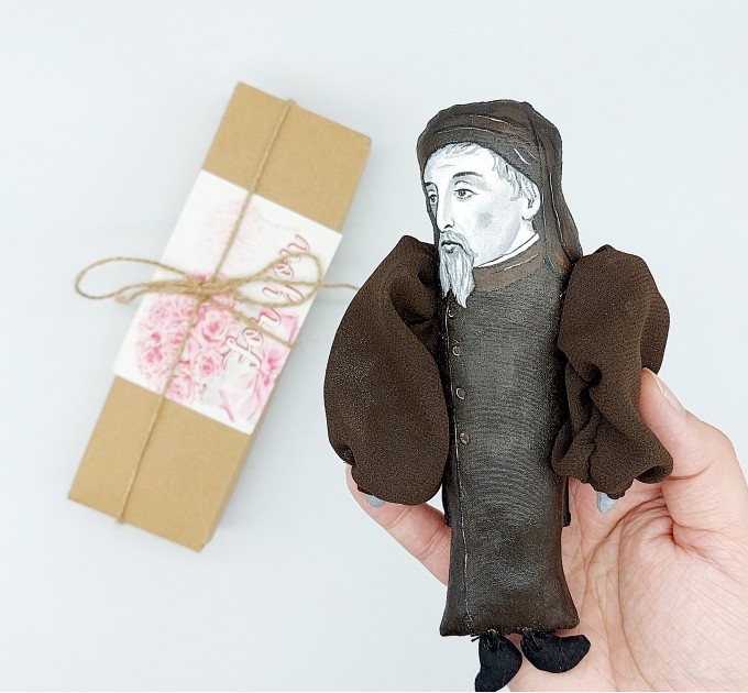 Geoffrey Chaucer action figure handmade - Gift for librarian, Literary gift for Readers & Writers - collectible literary miniature doll hand painted + Miniature Book