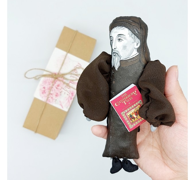 Geoffrey Chaucer action figure handmade - Gift for librarian, Literary gift for Readers & Writers - collectible literary miniature doll hand painted + Miniature Book