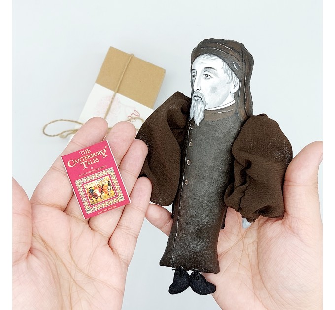 Geoffrey Chaucer action figure handmade - Gift for librarian, Literary gift for Readers & Writers - collectible literary miniature doll hand painted + Miniature Book