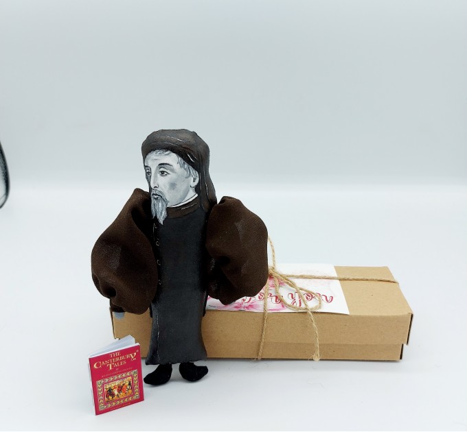 Geoffrey Chaucer action figure handmade - Gift for librarian, Literary gift for Readers & Writers - collectible literary miniature doll hand painted + Miniature Book