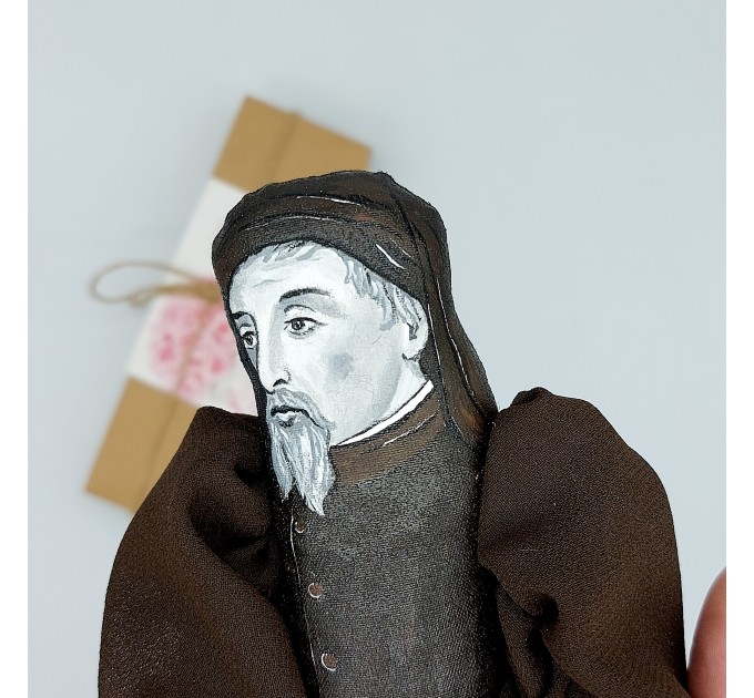 Geoffrey Chaucer action figure handmade - Gift for librarian, Literary gift for Readers & Writers - collectible literary miniature doll hand painted + Miniature Book