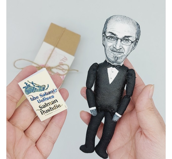 Salman Rushdie action figure handmade, British Indian novelist, essayist -  novel The Satanic Verses - Literary Gift for Readers & Writers - collectible figurine + Miniature Book