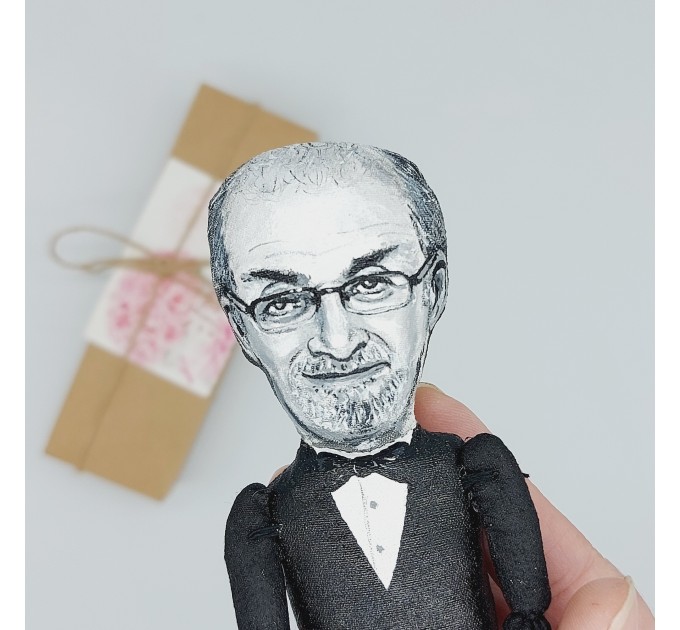 Salman Rushdie action figure handmade, British Indian novelist, essayist -  novel The Satanic Verses - Literary Gift for Readers & Writers - collectible figurine + Miniature Book