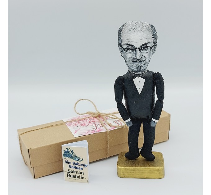 Salman Rushdie action figure handmade, British Indian novelist, essayist -  novel The Satanic Verses - Literary Gift for Readers & Writers - collectible figurine + Miniature Book