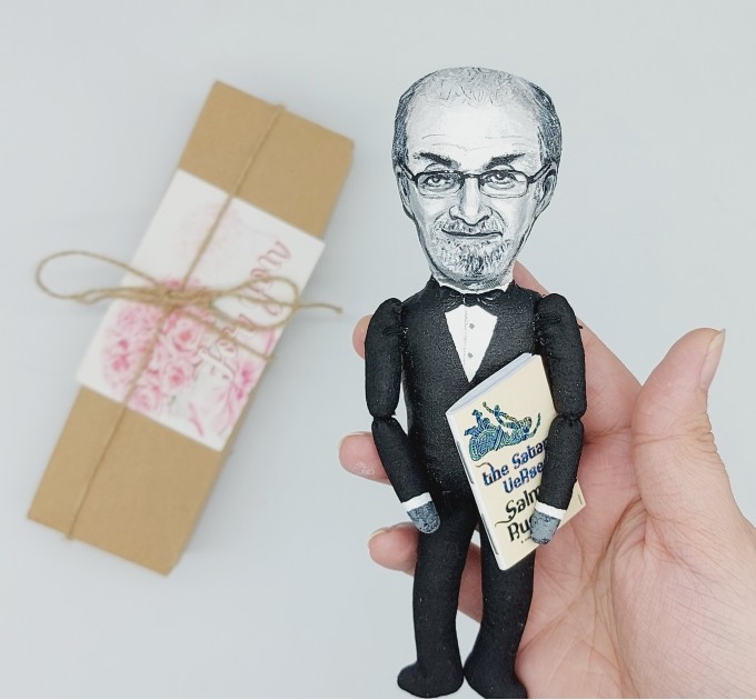 Salman Rushdie action figure handmade, British Indian novelist, essayist -  novel The Satanic Verses - Literary Gift for Readers & Writers - collectible figurine + Miniature Book