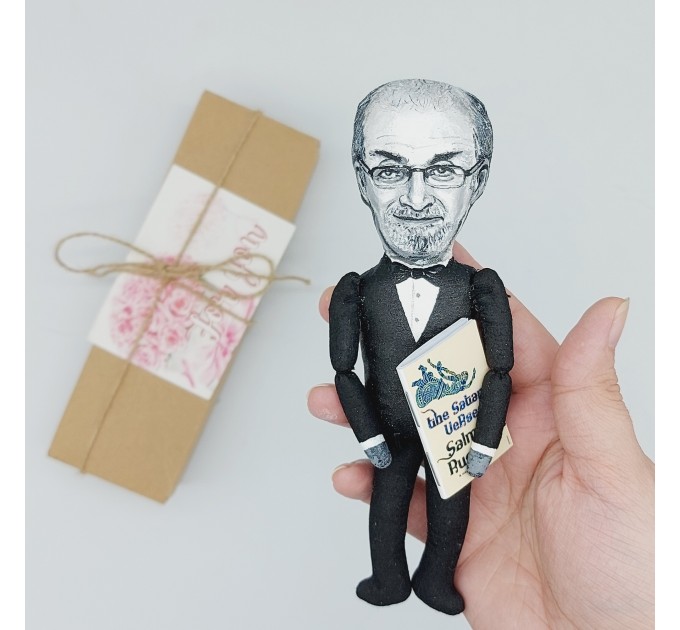 Salman Rushdie action figure handmade, British Indian novelist, essayist -  novel The Satanic Verses - Literary Gift for Readers & Writers - collectible figurine + Miniature Book