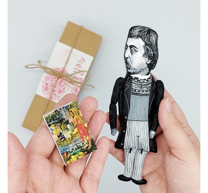 Paul Gauguin black & white artist action figure handmade - Painter, sculptor, printmaker, ceramist, writer - Art teacher gift - collectible doll + Miniature Book