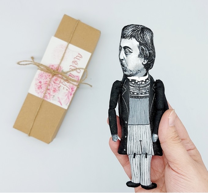 Paul Gauguin black & white artist action figure handmade - Painter, sculptor, printmaker, ceramist, writer - Art teacher gift - collectible doll + Miniature Book