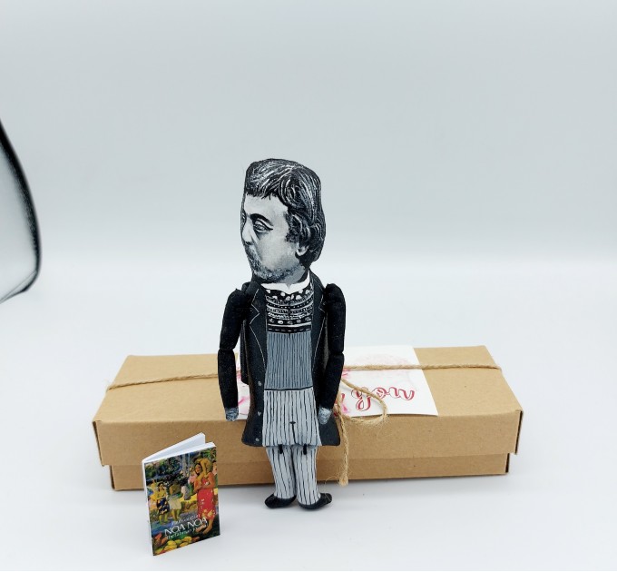 Paul Gauguin black & white artist action figure handmade - Painter, sculptor, printmaker, ceramist, writer - Art teacher gift - collectible doll + Miniature Book