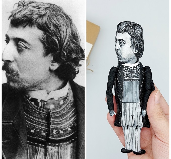 Paul Gauguin black & white artist action figure handmade - Painter, sculptor, printmaker, ceramist, writer - Art teacher gift - collectible doll + Miniature Book