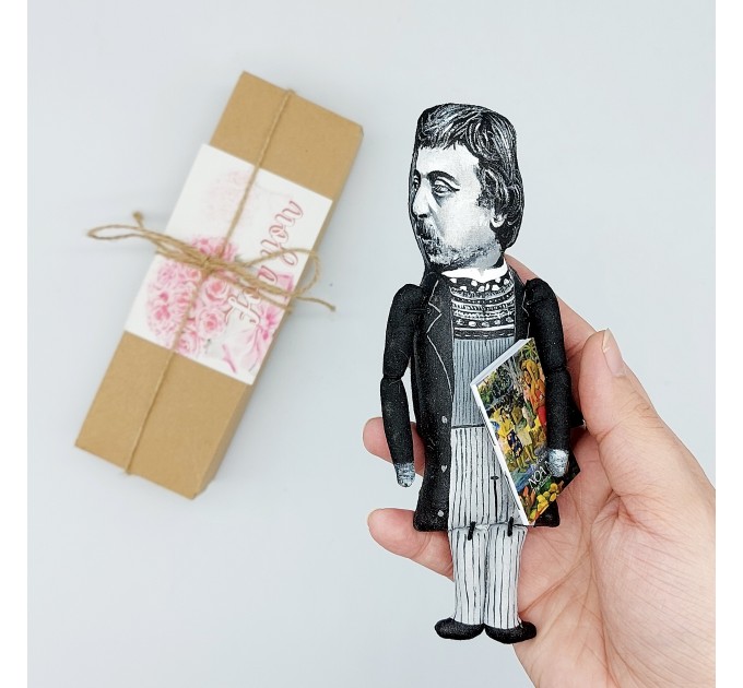 Paul Gauguin black & white artist action figure handmade - Painter, sculptor, printmaker, ceramist, writer - Art teacher gift - collectible doll + Miniature Book