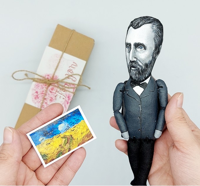 Vincent Van Gogh black & white artist action figure handmade + standing folding easel + picture - Art teacher gift