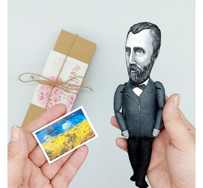 Vincent Van Gogh black & white artist action figure handmade + standing folding easel + picture - Art teacher gift