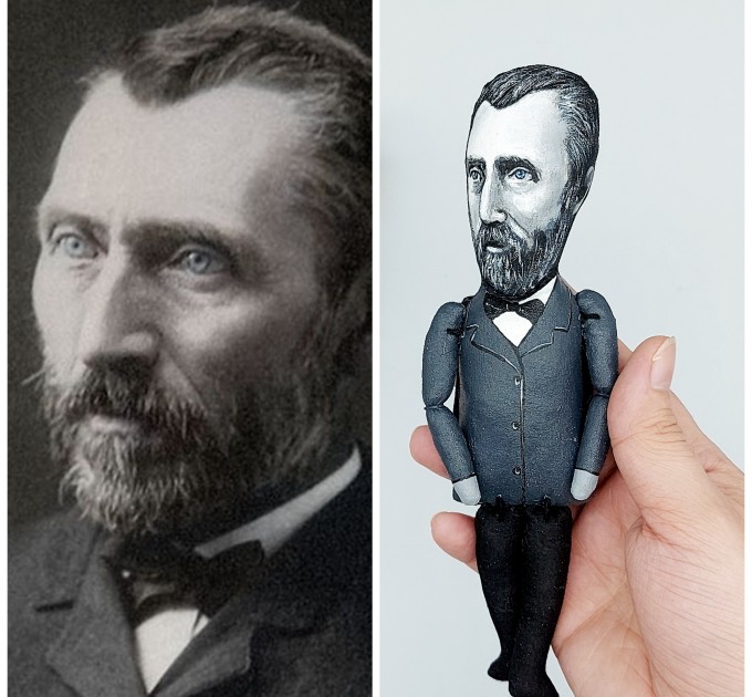 Vincent Van Gogh black & white artist action figure handmade + standing folding easel + picture - Art teacher gift