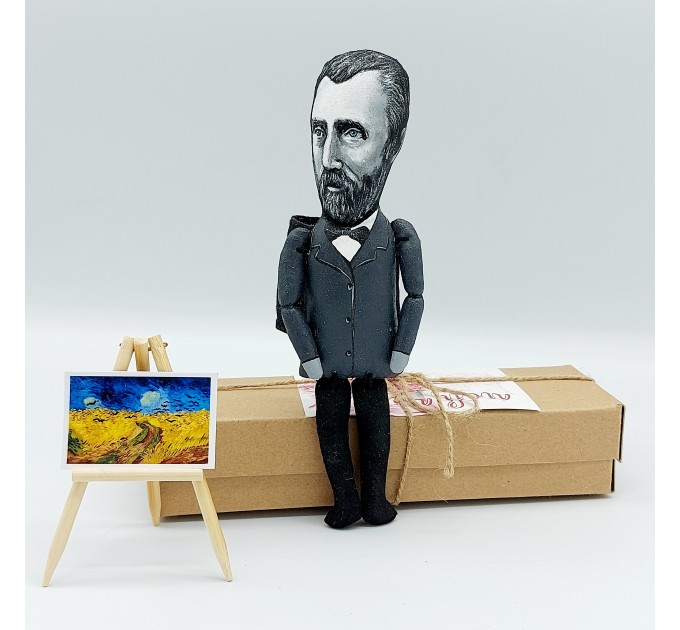 Vincent Van Gogh black & white artist action figure handmade + standing folding easel + picture - Art teacher gift