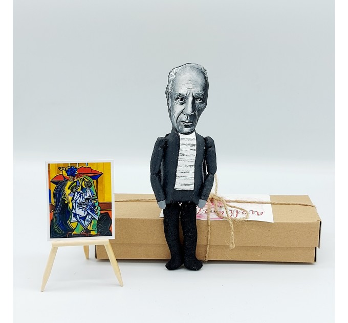 Pablo Picasso famous artist action figure, Spanish painter, sculptor Cubism - Art teacher gift - collectible doll + standing folding easel + picture