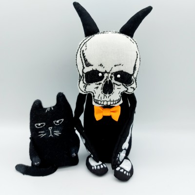 Skeleton doll + little black cat, primitive Halloween decor