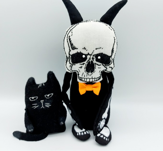 Skeleton doll + little black cat, primitive Halloween decorations