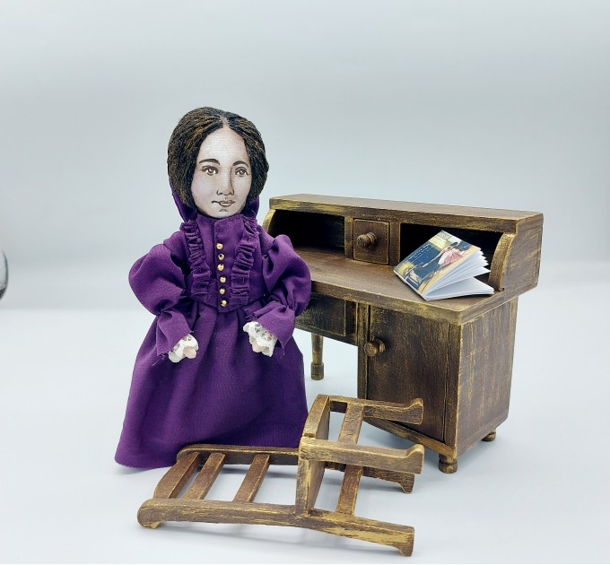 Charlotte Bronte doll, novelist, poet, women writer, author Jane Eyre - Book lover gift - Collectible doll hand painted + Miniature Book