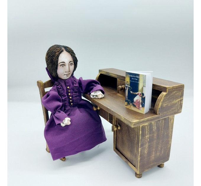 Charlotte Bronte doll, novelist, poet, women writer, author Jane Eyre - Book lover gift - Collectible doll hand painted + Miniature Book