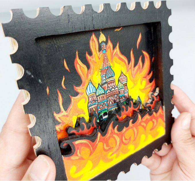 moscow fire 1812, moskva on fire - framed wooden sign with wooden gears - Ukrainian shop, Ukrainian artist