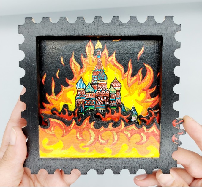 moscow fire 1812, moskva on fire - framed wooden sign with wooden gears - Ukrainian shop, Ukrainian artist