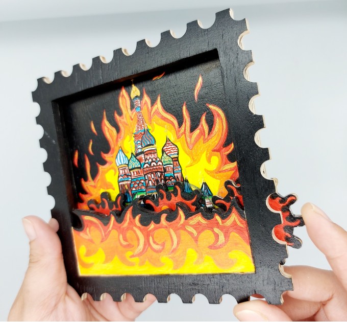 moscow fire 1812, moskva on fire - framed wooden sign with wooden gears - Ukrainian shop, Ukrainian artist